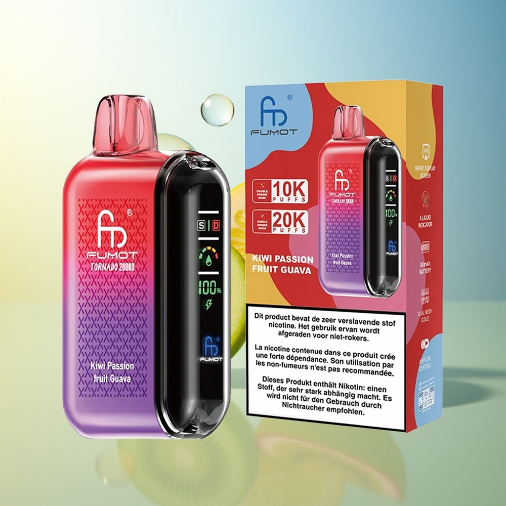 Fumot Tornado 20000 Puff Kiwi Frutto della Passione Guava Dual Mesh Coil Smart Display