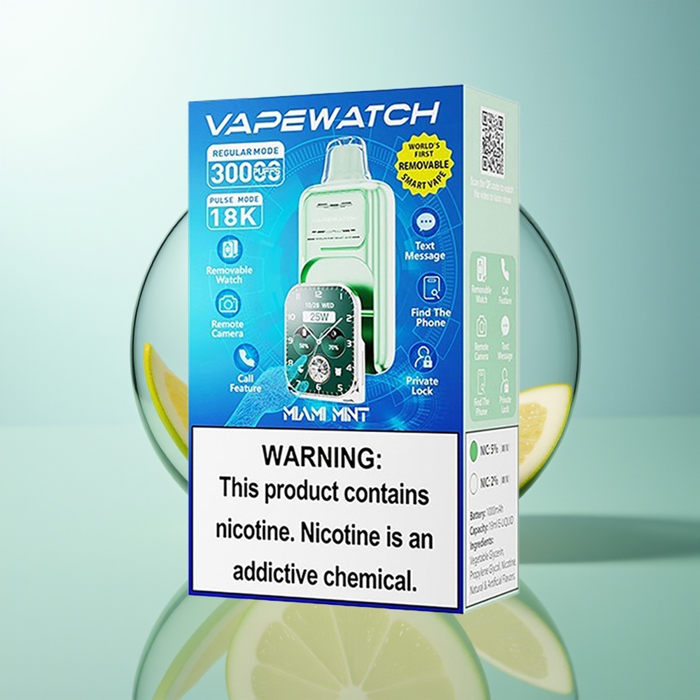 JNR VapeWatch 30000 Puff Miami Menta Dual Mesh Coil Tipo-C Ricarica Rapida